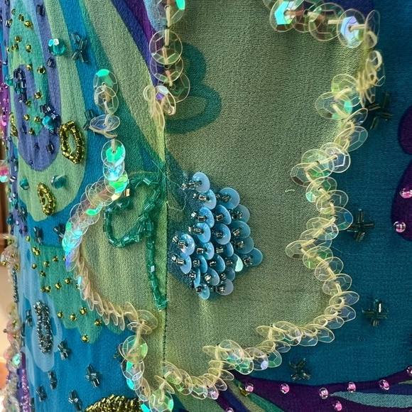 Vintage Cache Turquoise 🦋 Purple Lime Beaded Sequin Cocktail Dress Sz 12 Halter - Picture 16 of 16